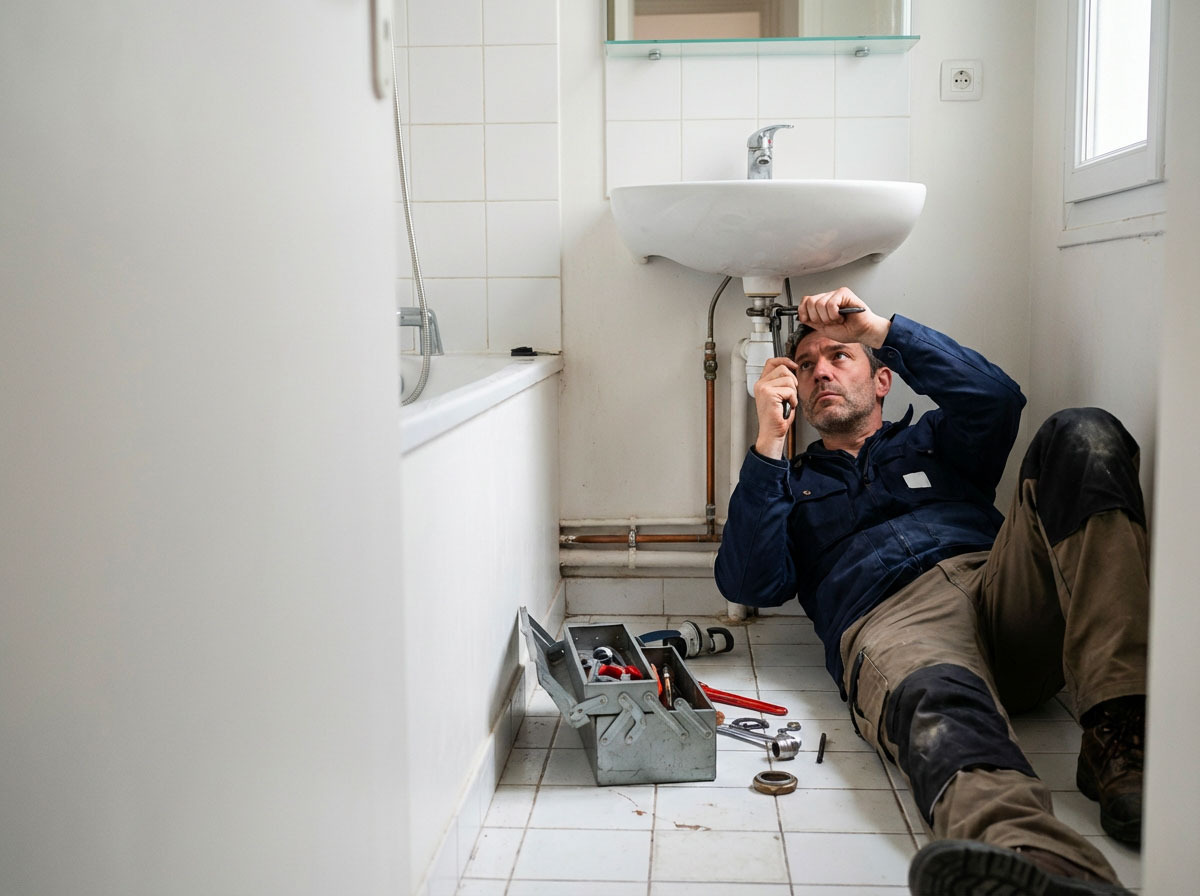 Plombier professionnel en intervention dans une salle de bain en Île-de-France