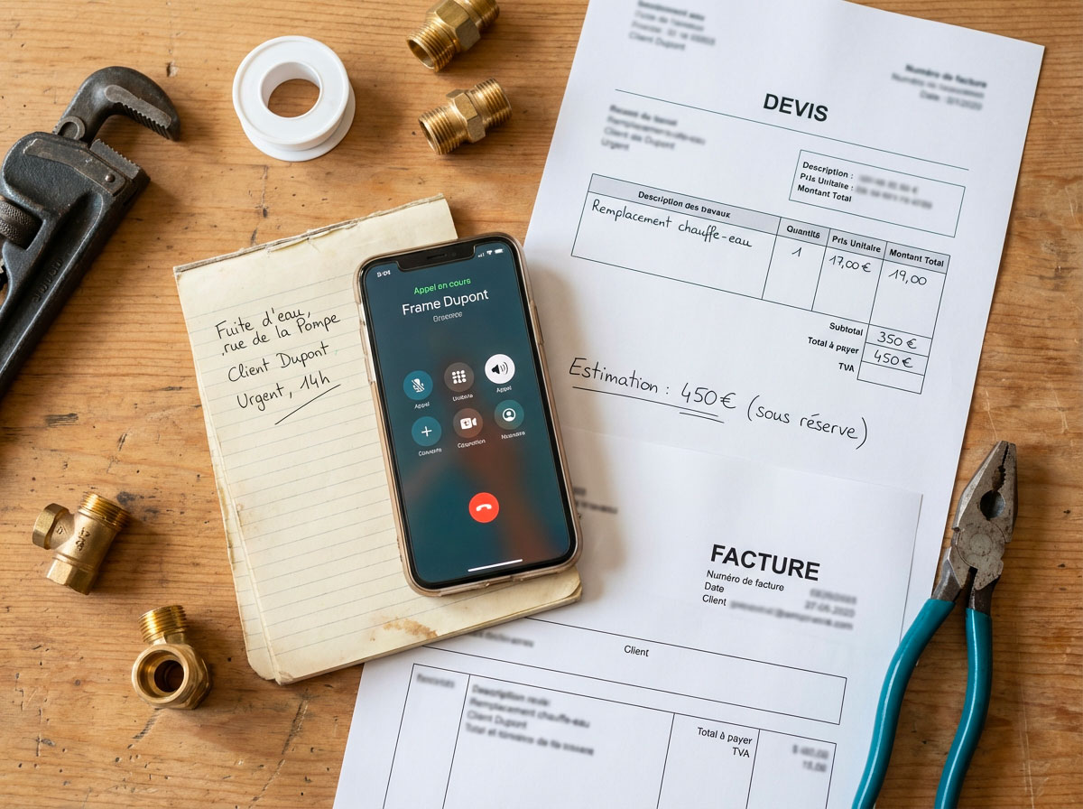 Processus d'intervention structuré avec téléphone, devis, facture et outils de plombier