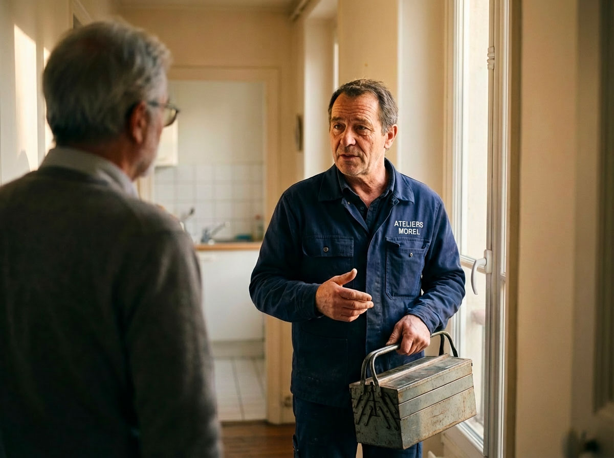 Plombier d'Ateliers Morel échangeant avec un client dans un appartement