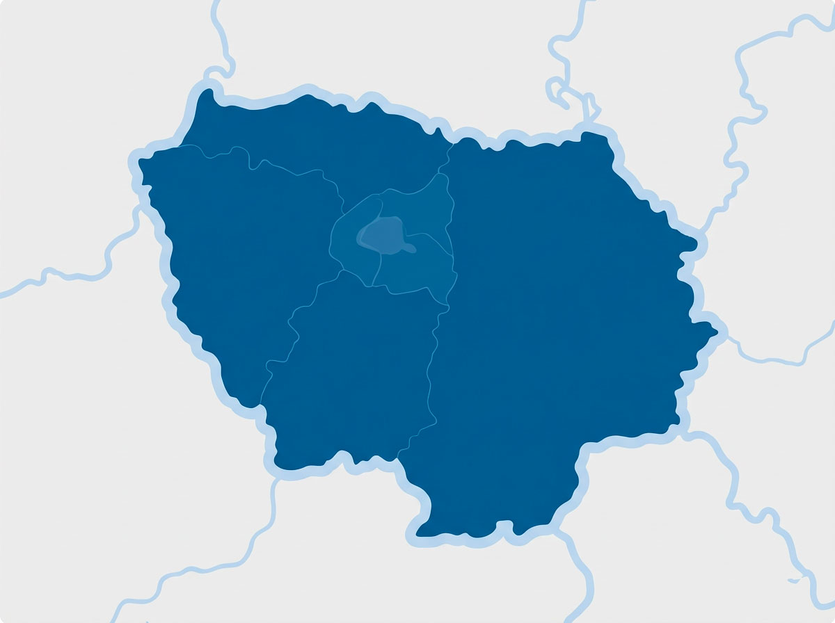 Carte stylisée de la zone d'intervention en Île-de-France