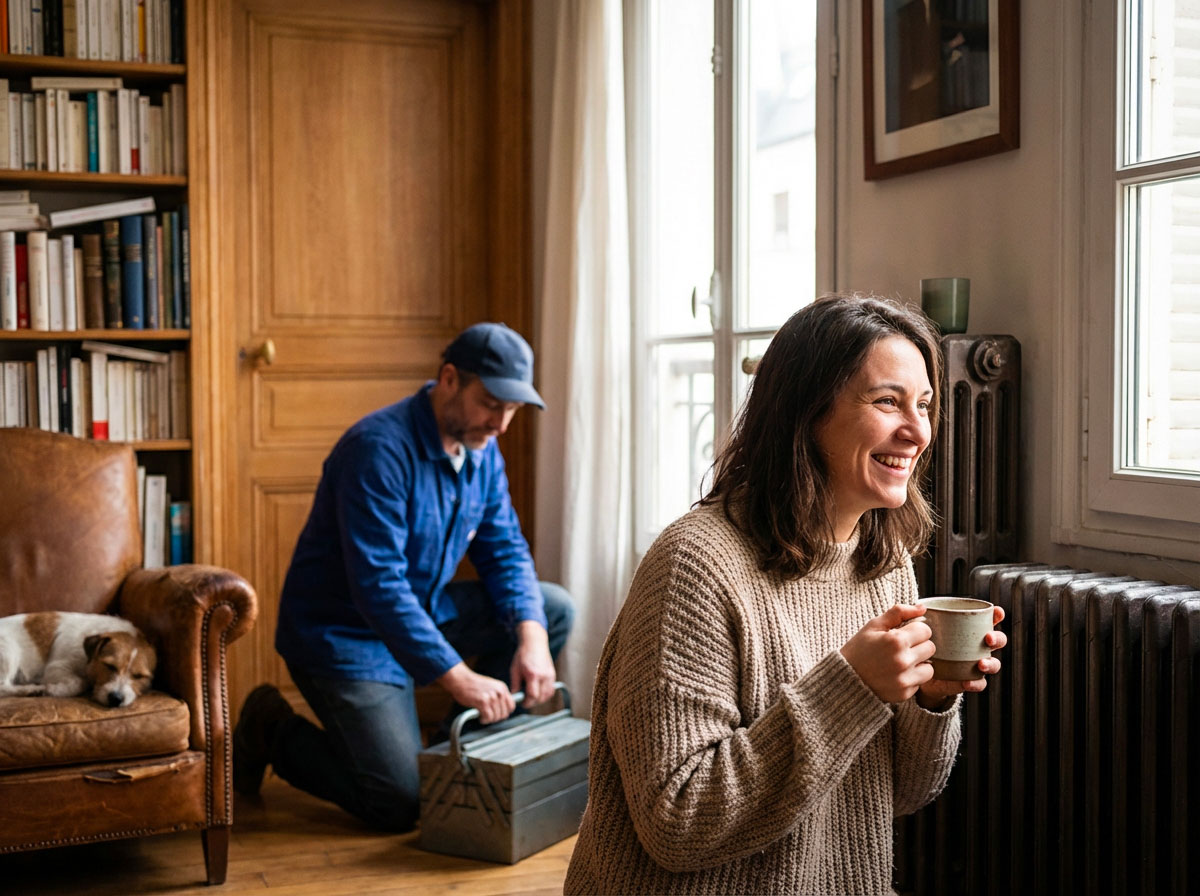 Client soulagé après une réparation de plomberie réussie dans son salon