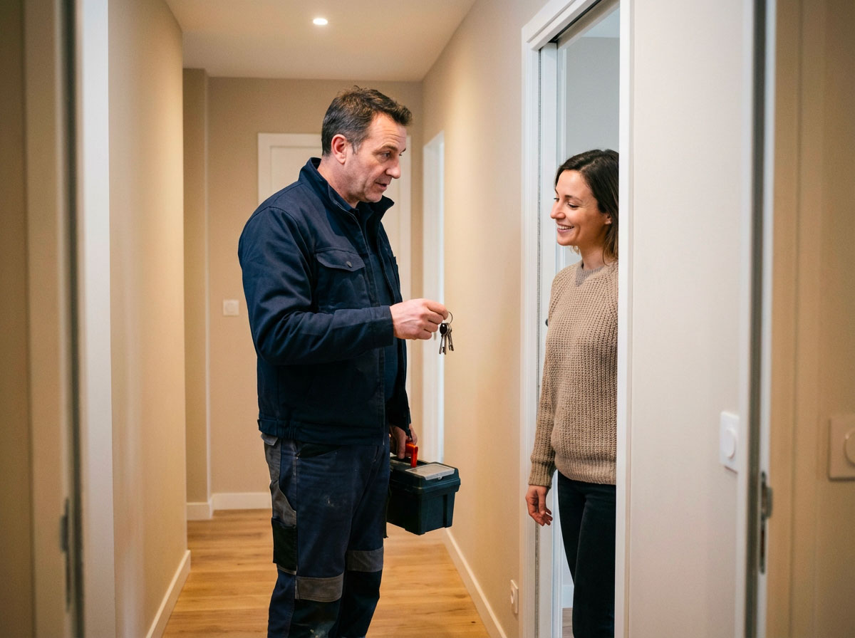 Serrurier d'Ateliers Morel discutant avec un client dans l'embrasure d'une porte d'appartement