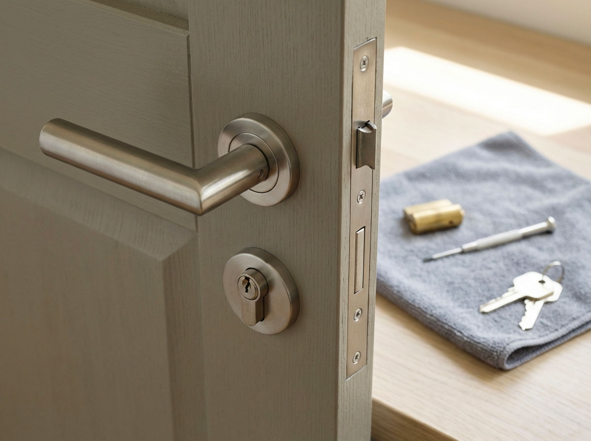 Gros plan sur une serrure moderne et des outils de serrurier posés à côté