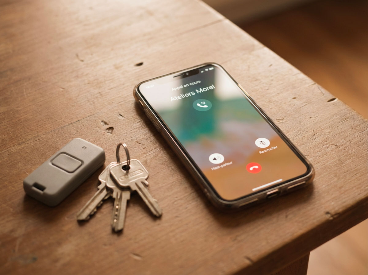 Téléphone posé sur une table avec un serrurier en cours d'appel, à côté d'un trousseau de clés